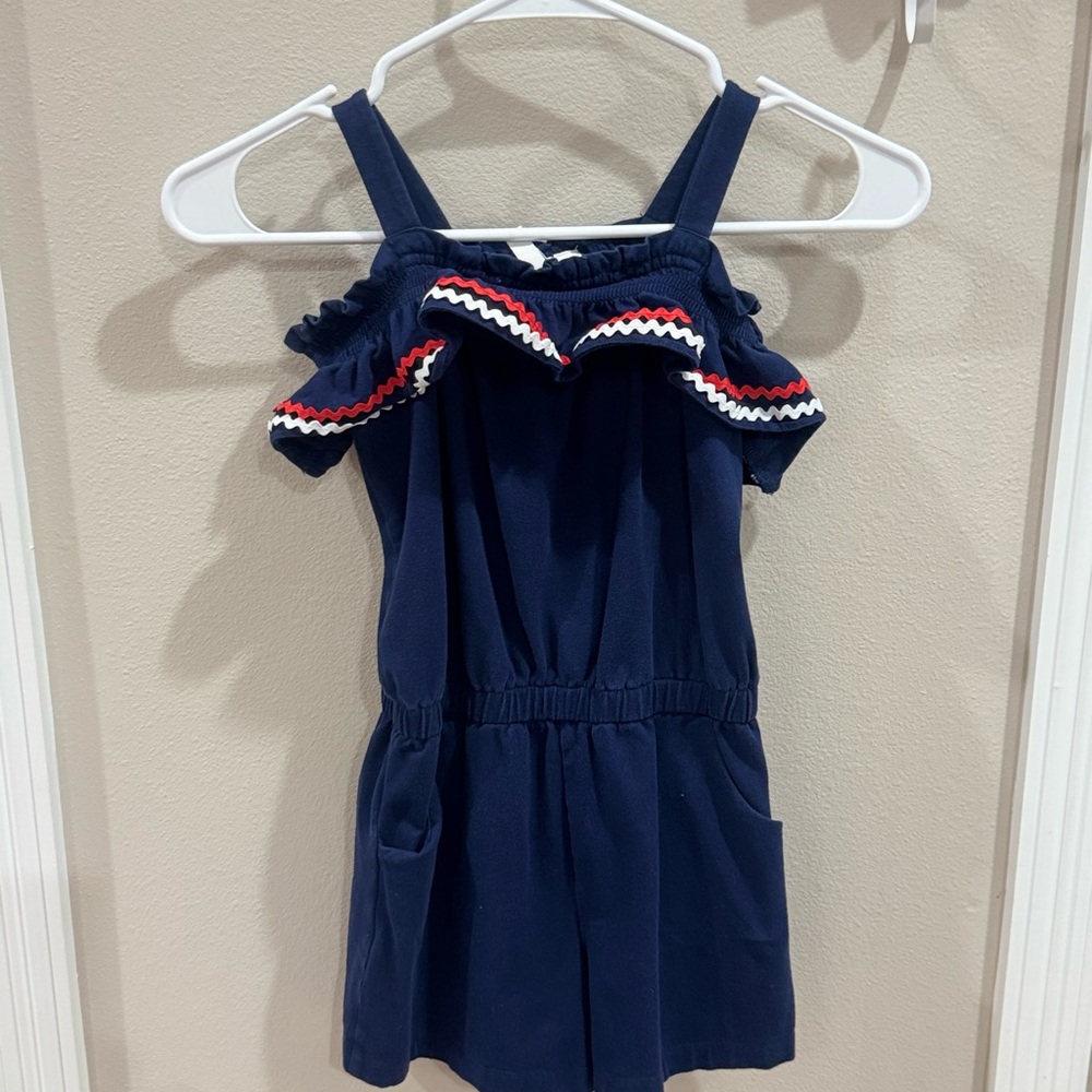 Janie and Jack Navy Romper with Red & White Ruffle Trim